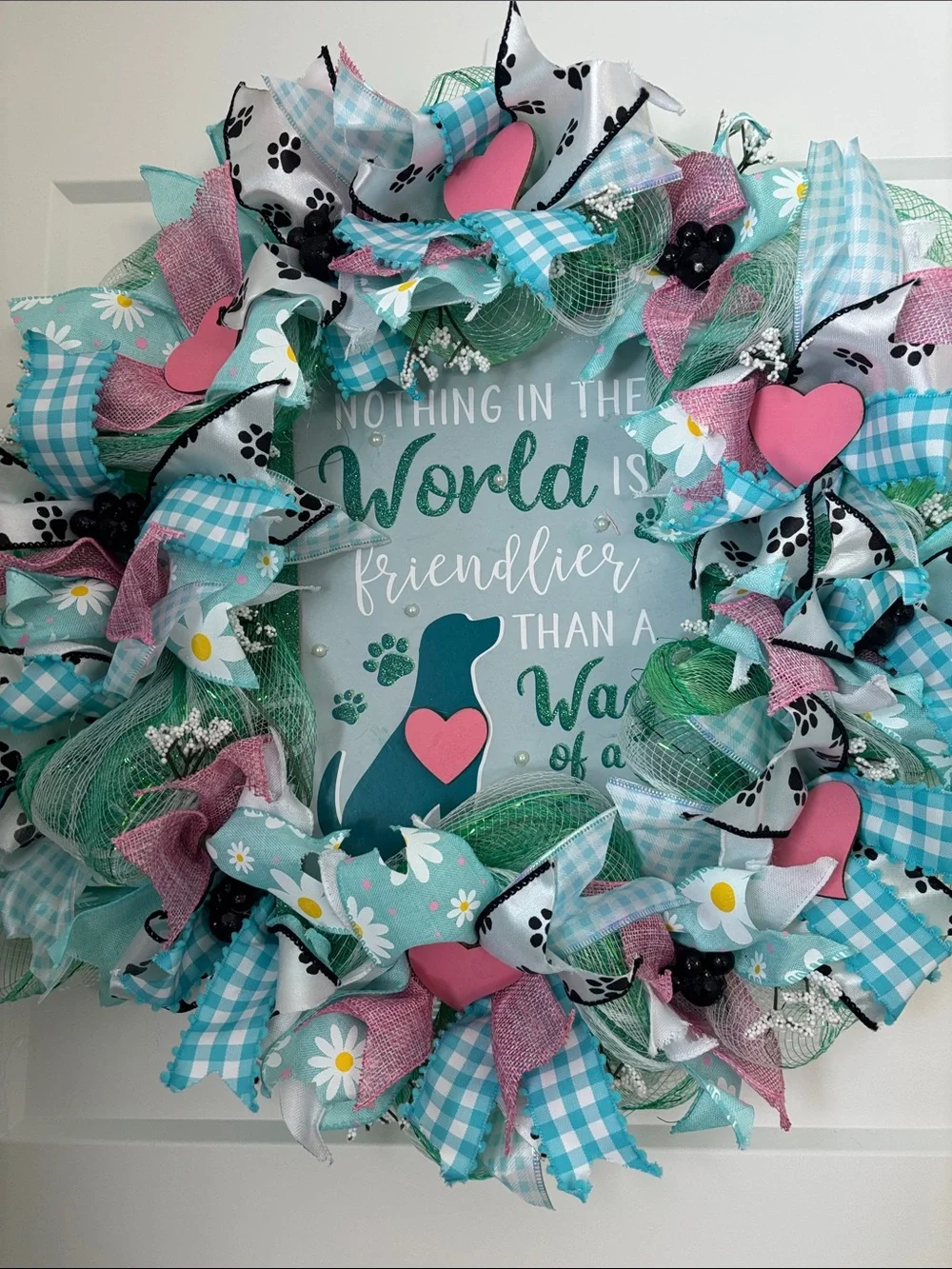 Hand Crafted Teal, Pink, White Dog-Themed Spring Wreath